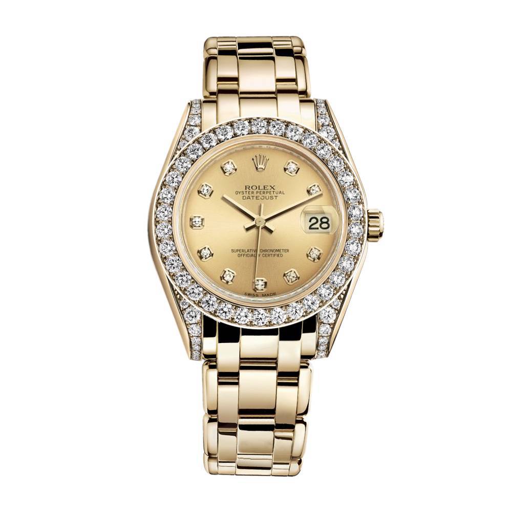 Rolex Pearlmaster 34mm - Ref: 81158-0013 - Champagne Diamond Dial, Diamond Bezel & Diamond Case, 18K Yellow Gold Bracelet Women's Watch