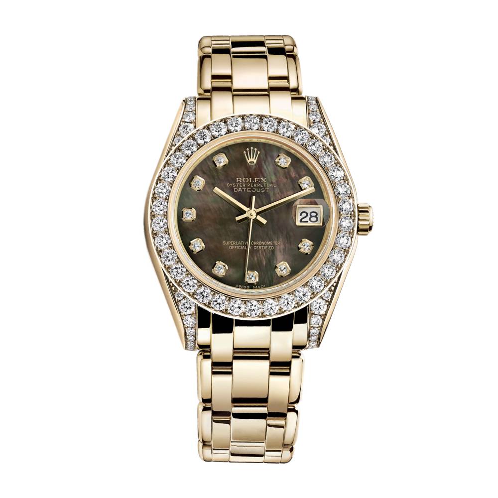 Rolex Pearlmaster 34mm - Ref: 81158-0066 - Black Mother of Pearl Diamond Dial, Diamond Bezel & Diamond Case, 18K Yellow Gold Bracelet Women's Watch