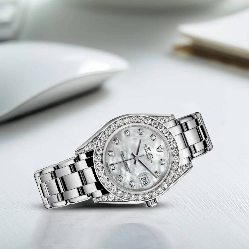 Rolex Pearlmaster 34mm - Ref: 81159-0015 - White mother of Pearl Diamond Dial, Diamond Bezel & Diamond Case, 18K White Gold Bracelet Women's Watch