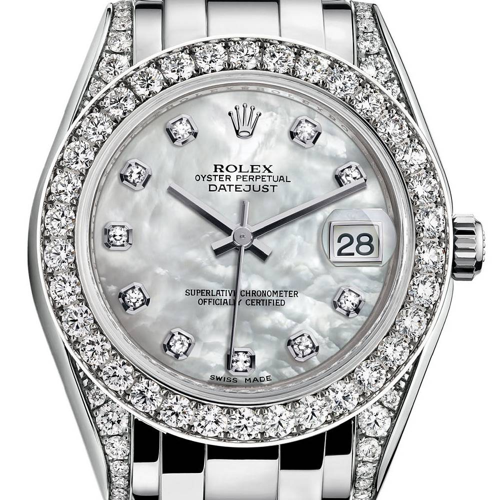 Rolex Pearlmaster 34mm - Ref: 81159-0015 - White mother of Pearl Diamond Dial, Diamond Bezel & Diamond Case, 18K White Gold Bracelet Women's Watch