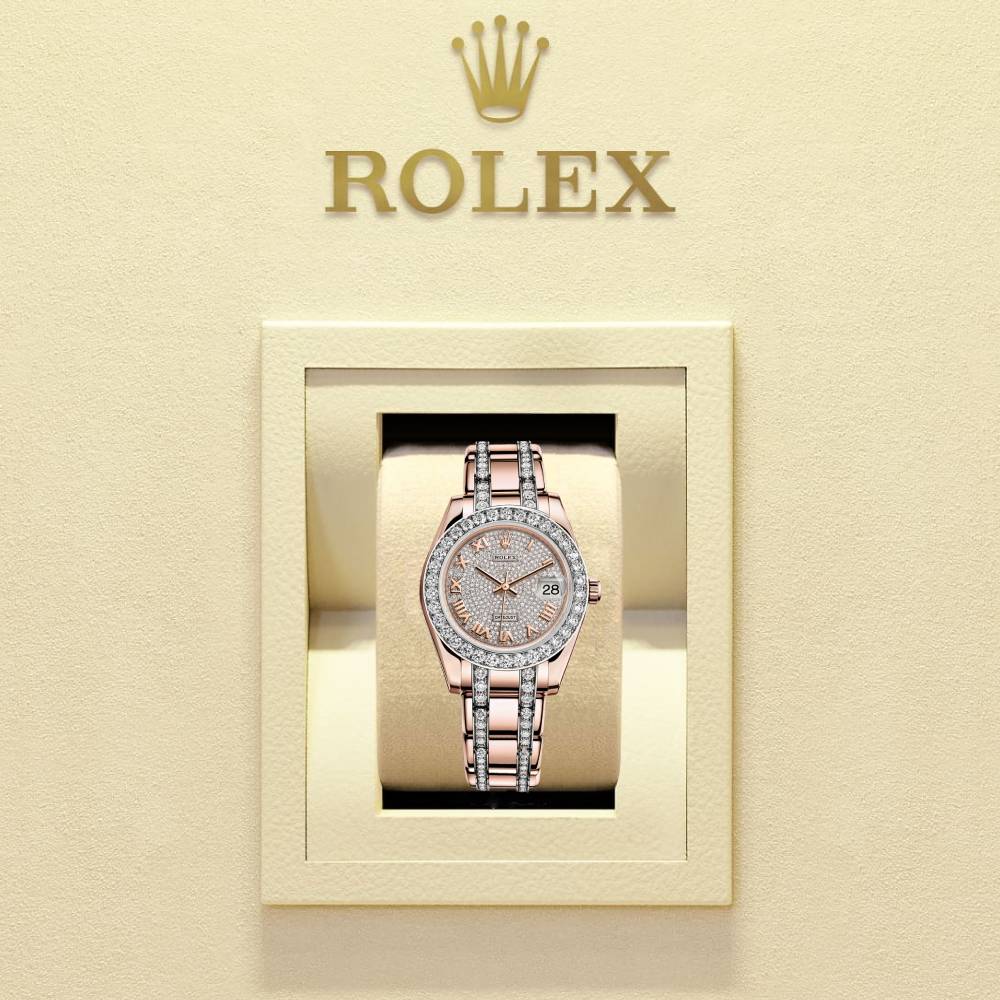 Rolex Pearlmaster 34mm - Ref: 81285-0013 - Pave Roman Diamond Dial, Diamond Bezel & Diamond Case, 18K Rose Gold Diamond Bracelet Women's Watch