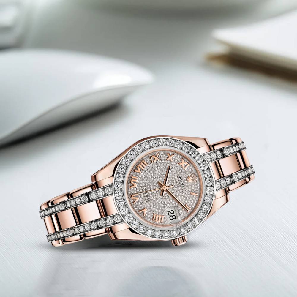 Rolex Pearlmaster 34mm - Ref: 81285-0013 - Pave Roman Diamond Dial, Diamond Bezel & Diamond Case, 18K Rose Gold Diamond Bracelet Women's Watch