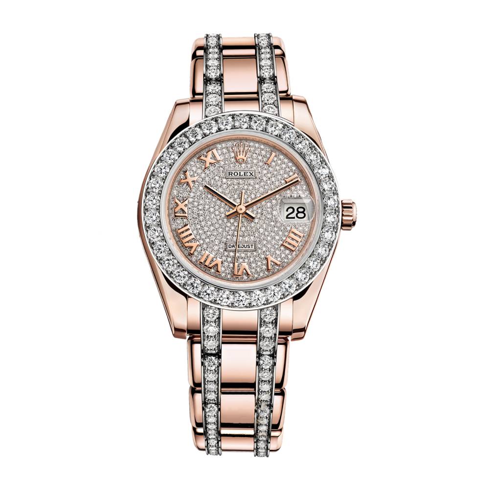 Rolex Pearlmaster 34mm - Ref: 81285-0013 - Pave Roman Diamond Dial, Diamond Bezel & Diamond Case, 18K Rose Gold Diamond Bracelet Women's Watch