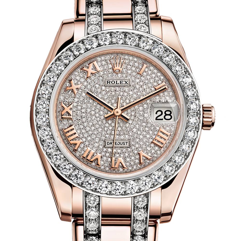 Rolex Pearlmaster 34mm - Ref: 81285-0013 - Pave Roman Diamond Dial, Diamond Bezel & Diamond Case, 18K Rose Gold Diamond Bracelet Women's Watch
