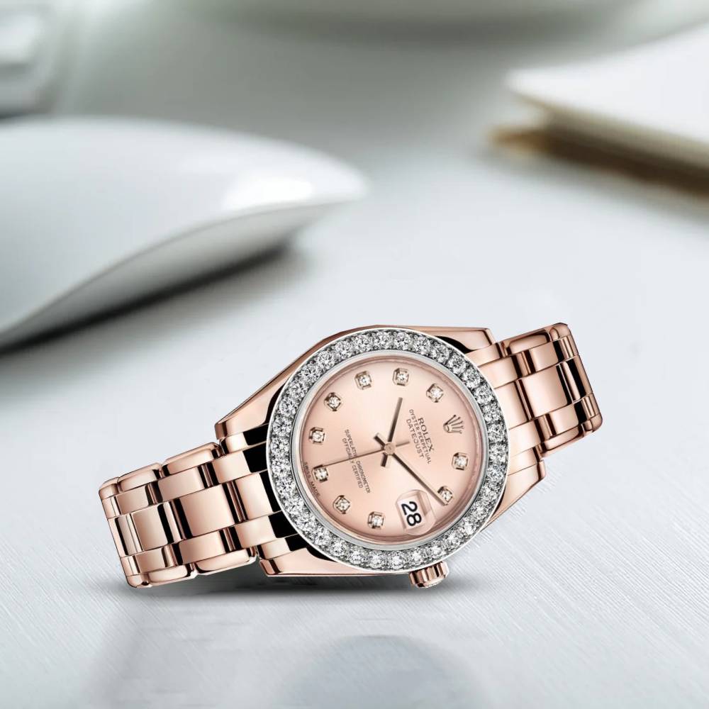 Rolex Pearlmaster 34mm - Ref: 81285-0014 - Pink Diamond Dial & Diamond Bezel, 18K Rose Gold Bracelet Women's Watch