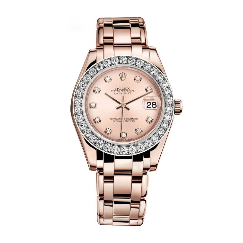 Rolex Pearlmaster 34mm - Ref: 81285-0014 - Pink Diamond Dial & Diamond Bezel, 18K Rose Gold Bracelet Women's Watch