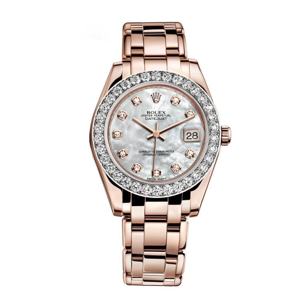 Rolex Pearlmaster 34mm - Ref: 81285-0017 - White mother of Pearl Diamond Dial & Diamond Bezel, 18K Rose Gold Bracelet Women's Watch