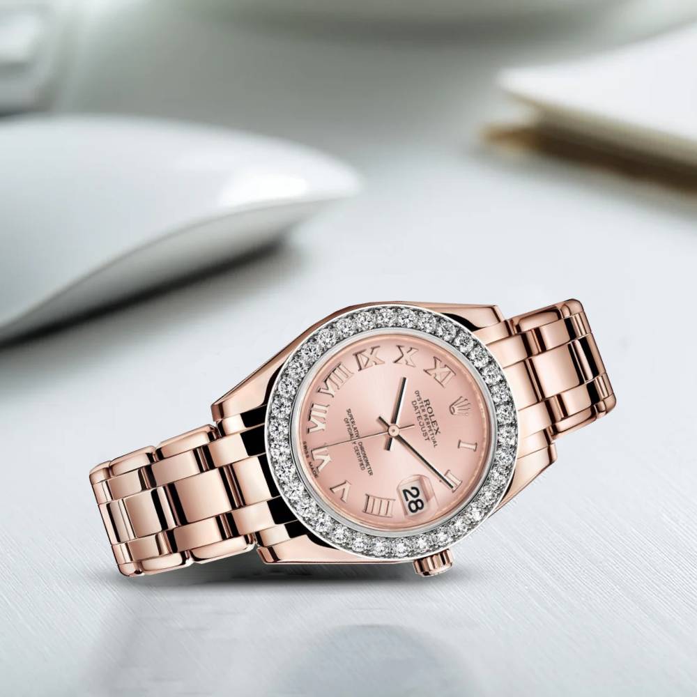 Rolex Pearlmaster 34mm - Ref: 81285-0020 - Pink Roman Dial & Diamond Bezel, 18K Rose Gold Bracelet Women's Watch