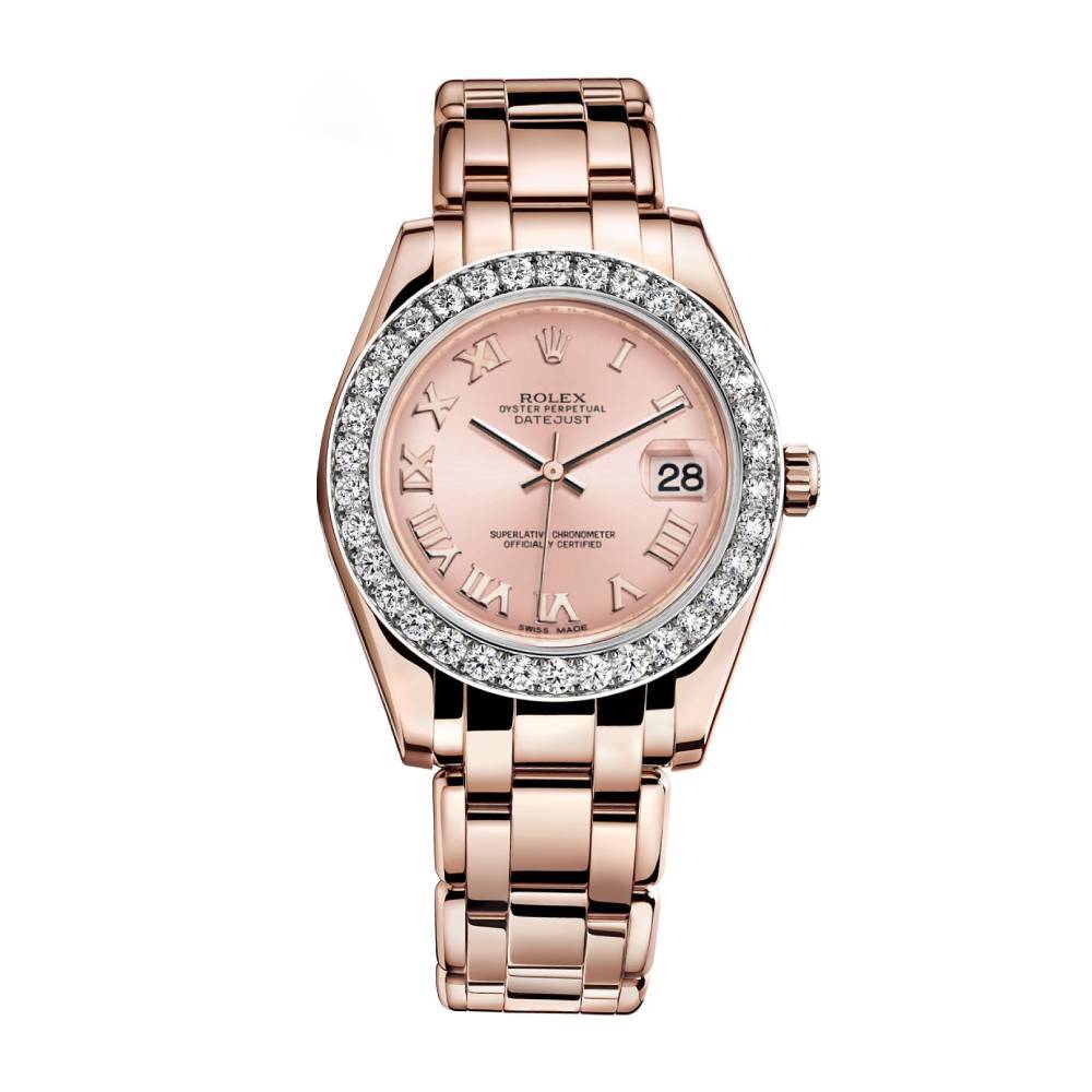 Rolex Pearlmaster 34mm - Ref: 81285-0020 - Pink Roman Dial & Diamond Bezel, 18K Rose Gold Bracelet Women's Watch