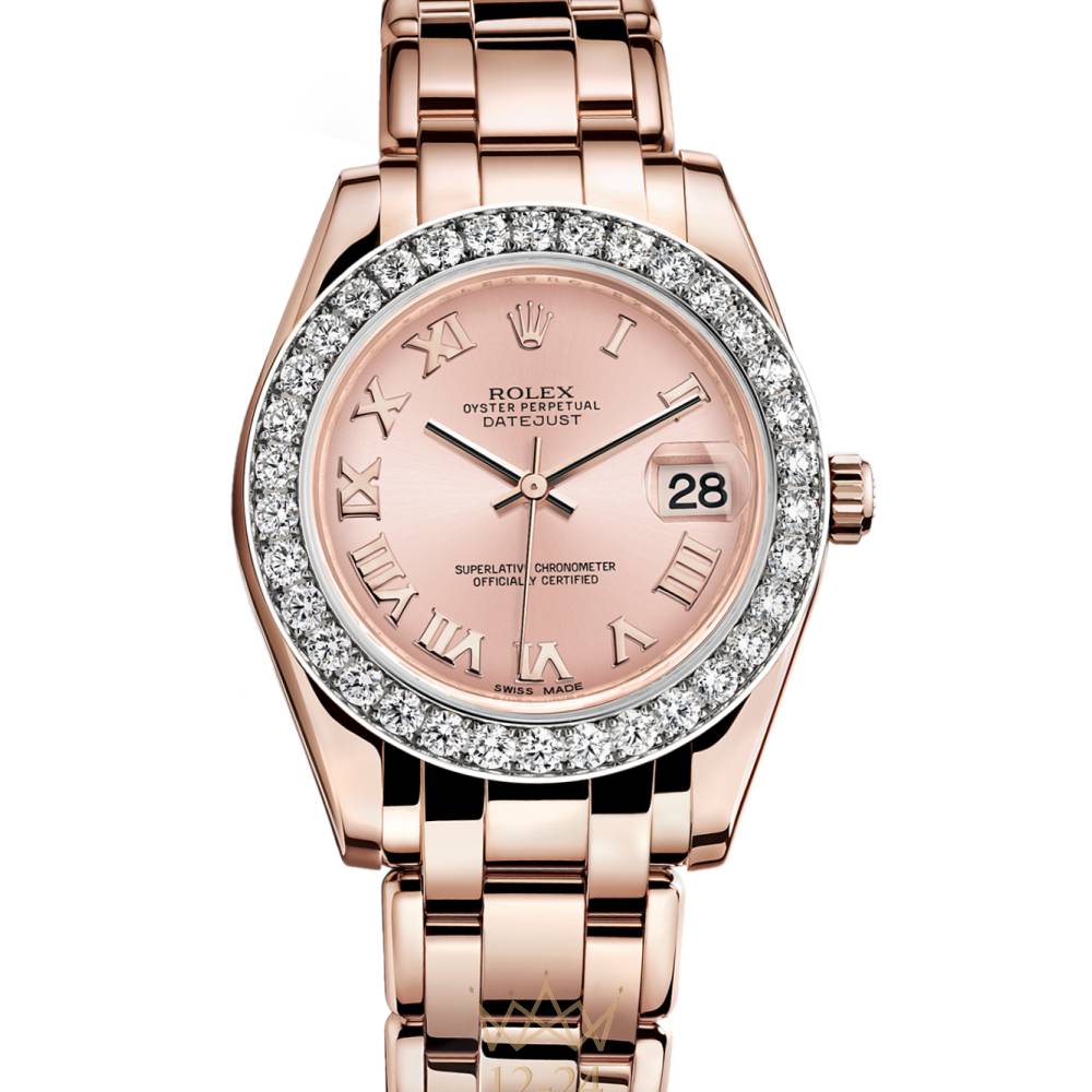 Rolex Pearlmaster 34mm - Ref: 81285-0020 - Pink Roman Dial & Diamond Bezel, 18K Rose Gold Bracelet Women's Watch