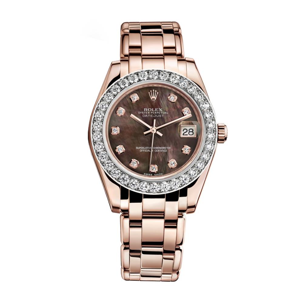 Rolex Pearlmaster 34mm - Ref: 81285-0024 - Black Mother of Pearl Diamond Dial & Diamond Bezel, 18K Rose Gold Bracelet Women's Watch