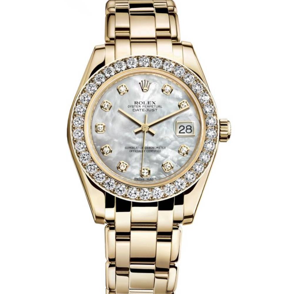 Rolex Pearlmaster 34mm - Ref: 81298-0002 - White mother of Pearl Diamond Dial & Diamond Bezel, 18K Yellow Gold Bracelet Women's Watch