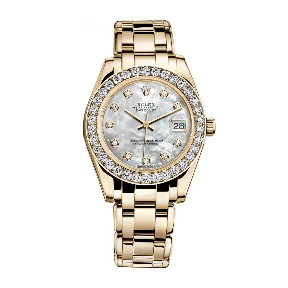 Rolex Pearlmaster 34mm - Ref: 81298-0002 - White mother of Pearl Diamond Dial & Diamond Bezel, 18K Yellow Gold Bracelet Women's Watch