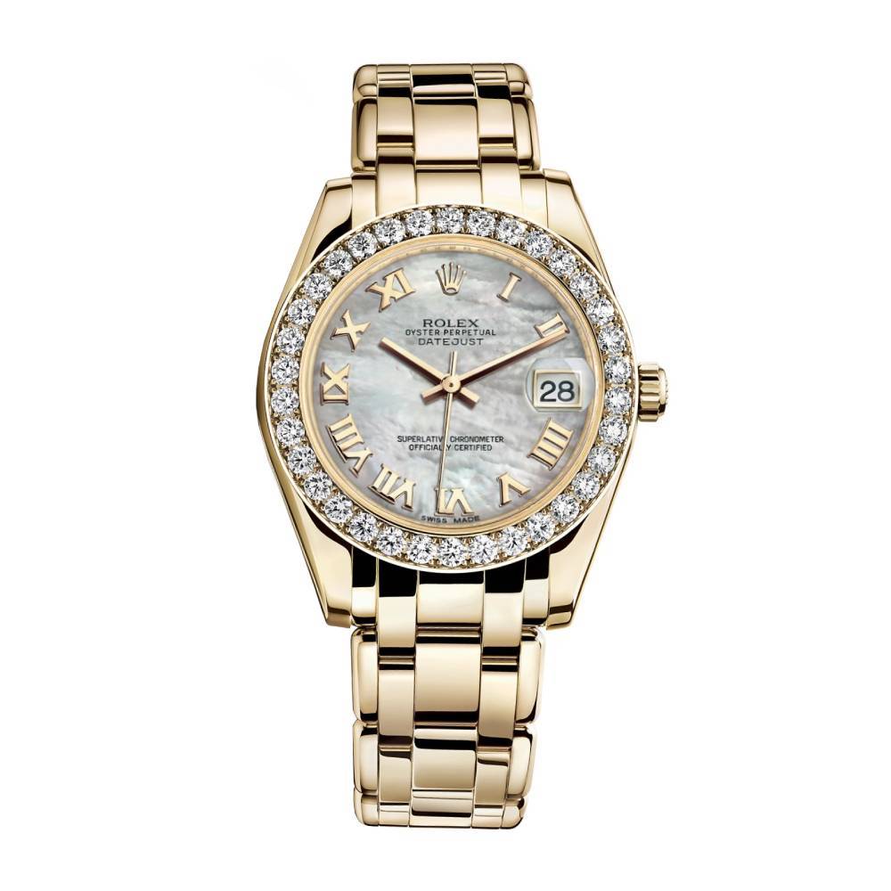 Rolex Pearlmaster 34mm - Ref: 81298-0004 - White mother of Pearl Roman Diamond Dial & Diamond Bezel, 18K Yellow Gold Bracelet Women's Watch