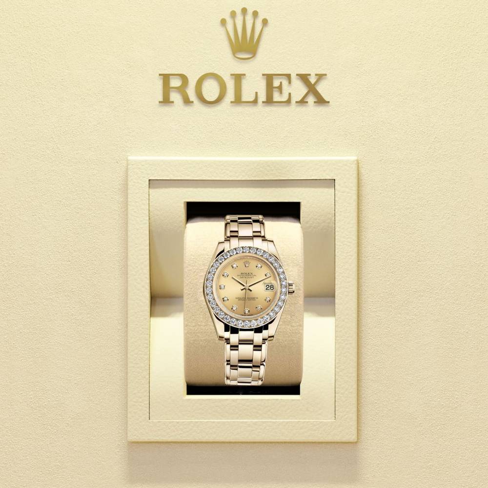 Rolex Pearlmaster 34mm - Ref: 81298-0005 - Champagne Diamond Dial & Diamond Bezel, 18K Yellow Gold Bracelet Women's Watch