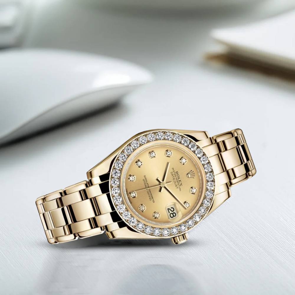 Rolex Pearlmaster 34mm - Ref: 81298-0005 - Champagne Diamond Dial & Diamond Bezel, 18K Yellow Gold Bracelet Women's Watch