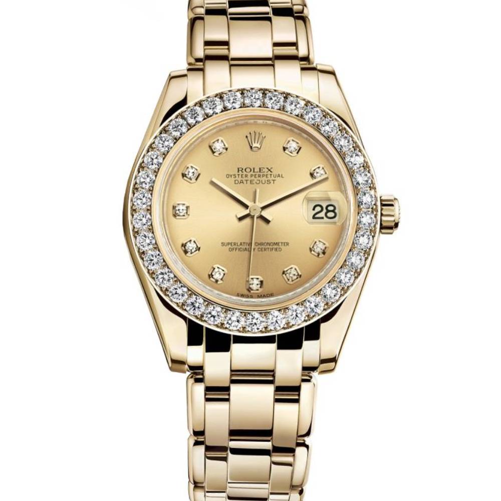 Rolex Pearlmaster 34mm - Ref: 81298-0005 - Champagne Diamond Dial & Diamond Bezel, 18K Yellow Gold Bracelet Women's Watch