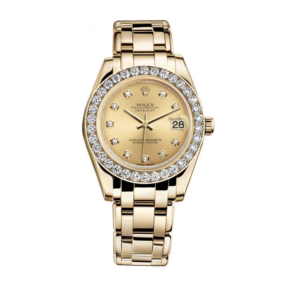 Rolex Pearlmaster 34mm - Ref: 81298-0005 - Champagne Diamond Dial & Diamond Bezel, 18K Yellow Gold Bracelet Women's Watch