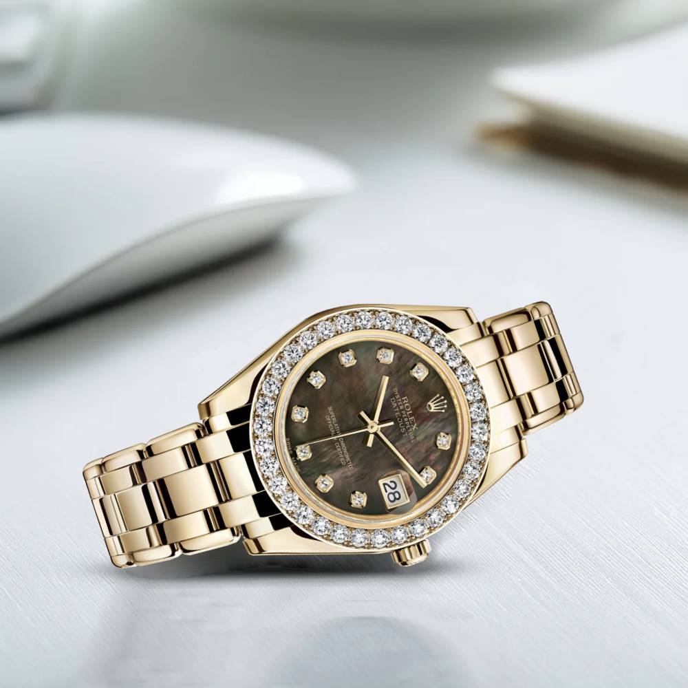 Rolex Pearlmaster 34mm - Ref: 81298-0013 - Black Mother of Pearl Diamond Dial & Diamond Bezel, 18K Yellow Gold Bracelet Women's Watch