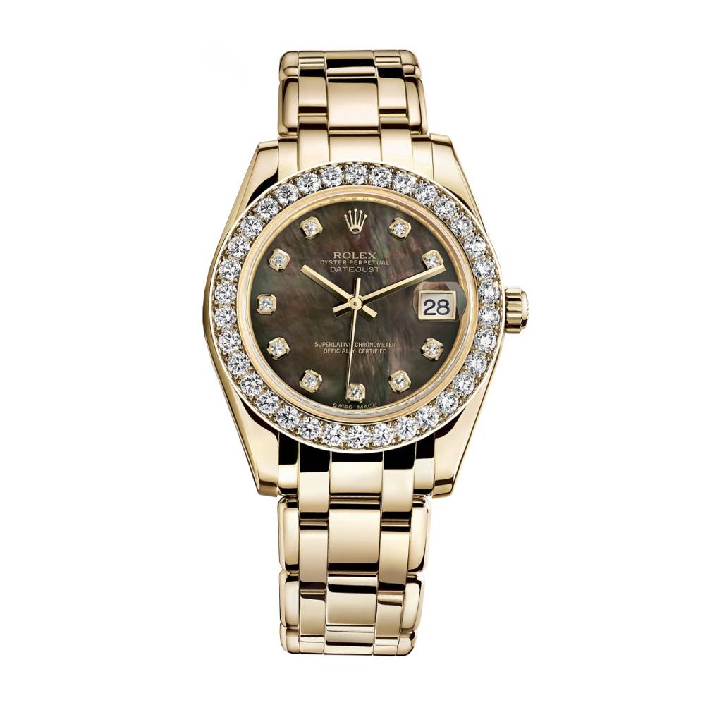 Rolex Pearlmaster 34mm - Ref: 81298-0013 - Black Mother of Pearl Diamond Dial & Diamond Bezel, 18K Yellow Gold Bracelet Women's Watch