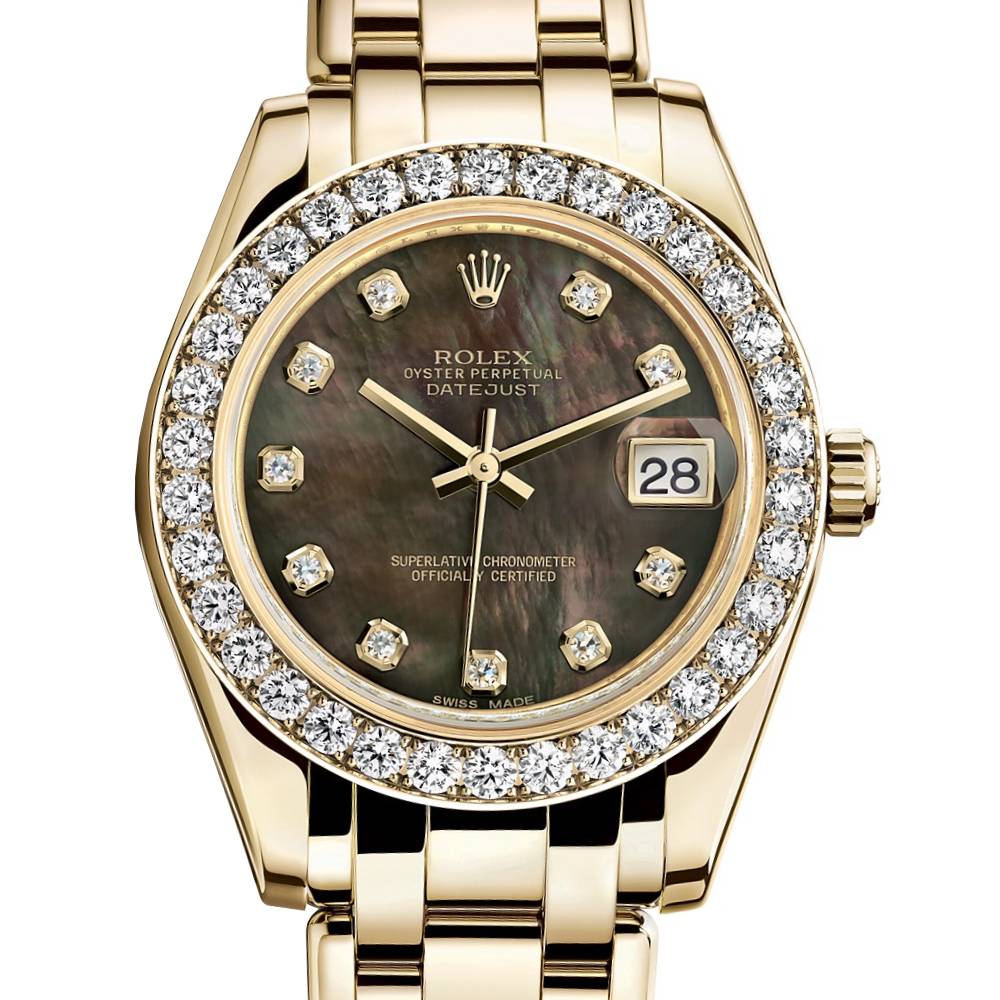Rolex Pearlmaster 34mm - Ref: 81298-0013 - Black Mother of Pearl Diamond Dial & Diamond Bezel, 18K Yellow Gold Bracelet Women's Watch