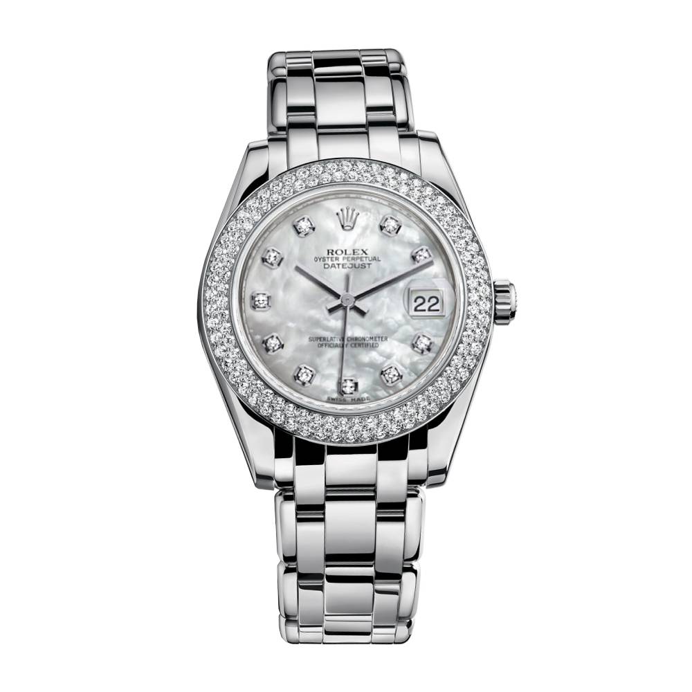 Rolex Pearlmaster 34mm - Ref: 81299-0014 - White mother of Pearl Diamond Dial & Diamond Bezel, 18K White Gold Bracelet Women's Watch