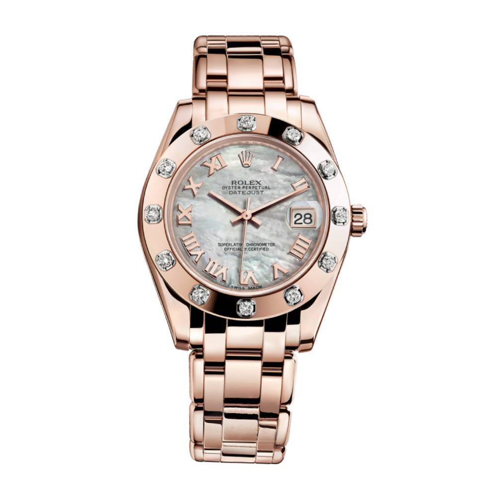 Rolex Pearlmaster 34mm - Ref: 81315-0002 - White mother of Pearl Roman Diamond Dial & Diamond Bezel, 18K Rose Gold Bracelet Women's Watch