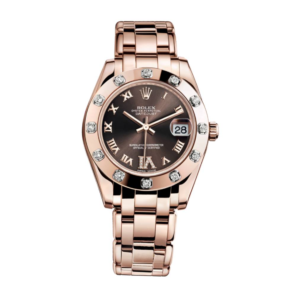 Rolex Pearlmaster 34mm - Ref: 81315-0003 - Chocolate Roman Diamond Dial & Diamond Bezel, 18K Rose Gold Bracelet Women's Watch