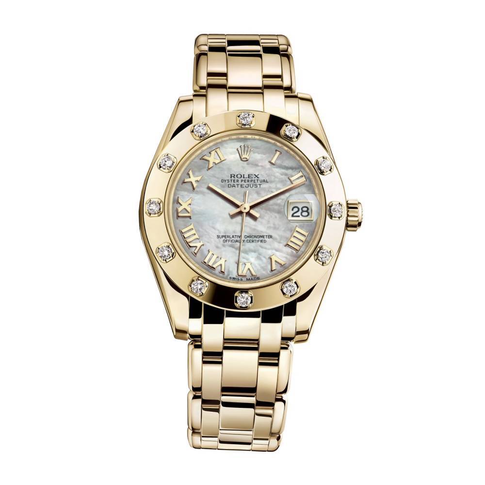 Rolex Pearlmaster 34mm - Ref: 81318-0005 - White mother of Pearl Roman Dial & Diamond Bezel, 18K Yellow Gold Bracelet Women's Watch