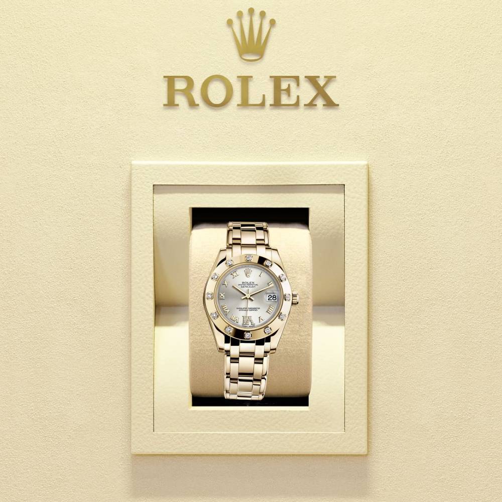 Rolex Pearlmaster 34mm - Ref: 81318-0036 - Silver Roman Diamond Dial & Diamond Bezel, 18K Yellow Gold Bracelet Women's Watch
