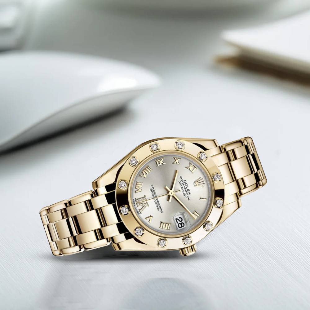 Rolex Pearlmaster 34mm - Ref: 81318-0036 - Silver Roman Diamond Dial & Diamond Bezel, 18K Yellow Gold Bracelet Women's Watch