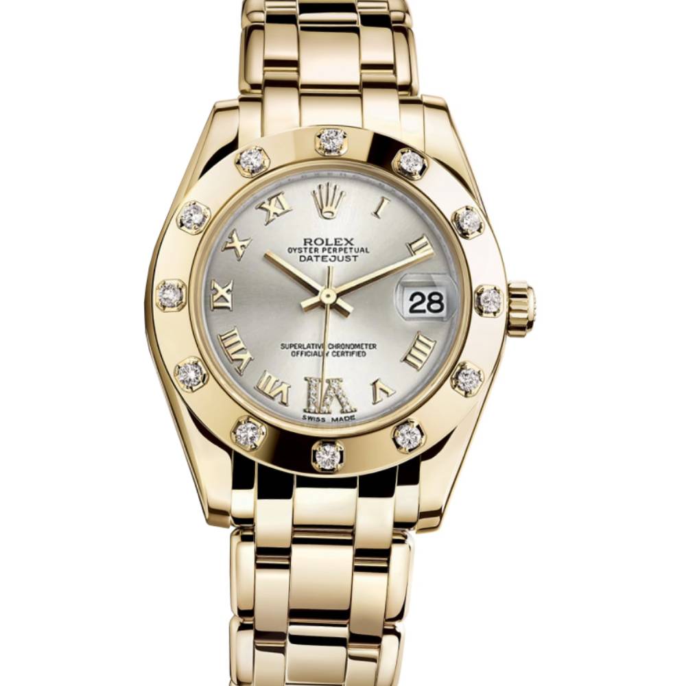 Rolex Pearlmaster 34mm - Ref: 81318-0036 - Silver Roman Diamond Dial & Diamond Bezel, 18K Yellow Gold Bracelet Women's Watch