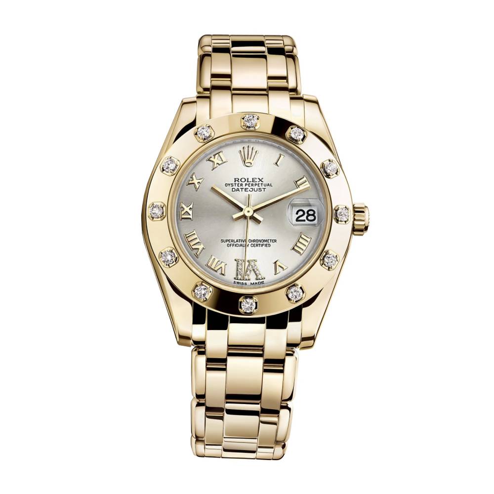 Rolex Pearlmaster 34mm - Ref: 81318-0036 - Silver Roman Diamond Dial & Diamond Bezel, 18K Yellow Gold Bracelet Women's Watch