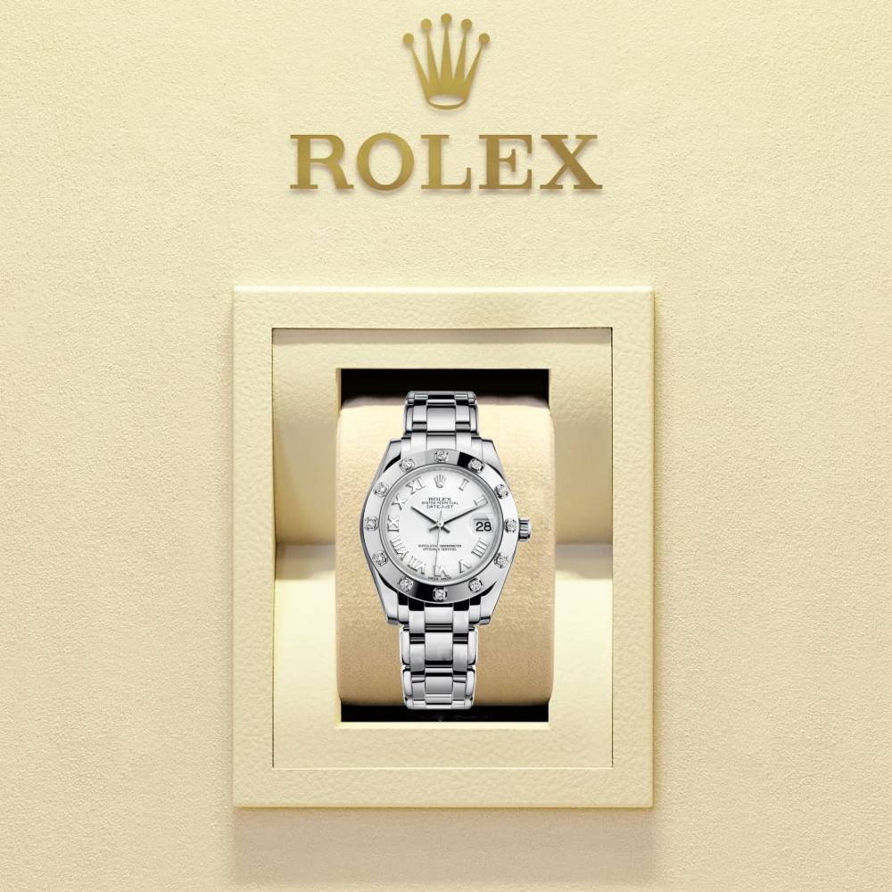 Rolex Pearlmaster 34mm - Ref: 81319-0008 - White Roman Dial & Diamond Bezel, 18K White Gold Bracelet Women's Watch