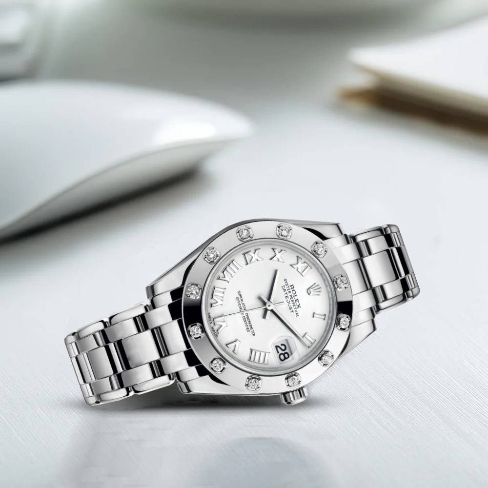 Rolex Pearlmaster 34mm - Ref: 81319-0008 - White Roman Dial & Diamond Bezel, 18K White Gold Bracelet Women's Watch