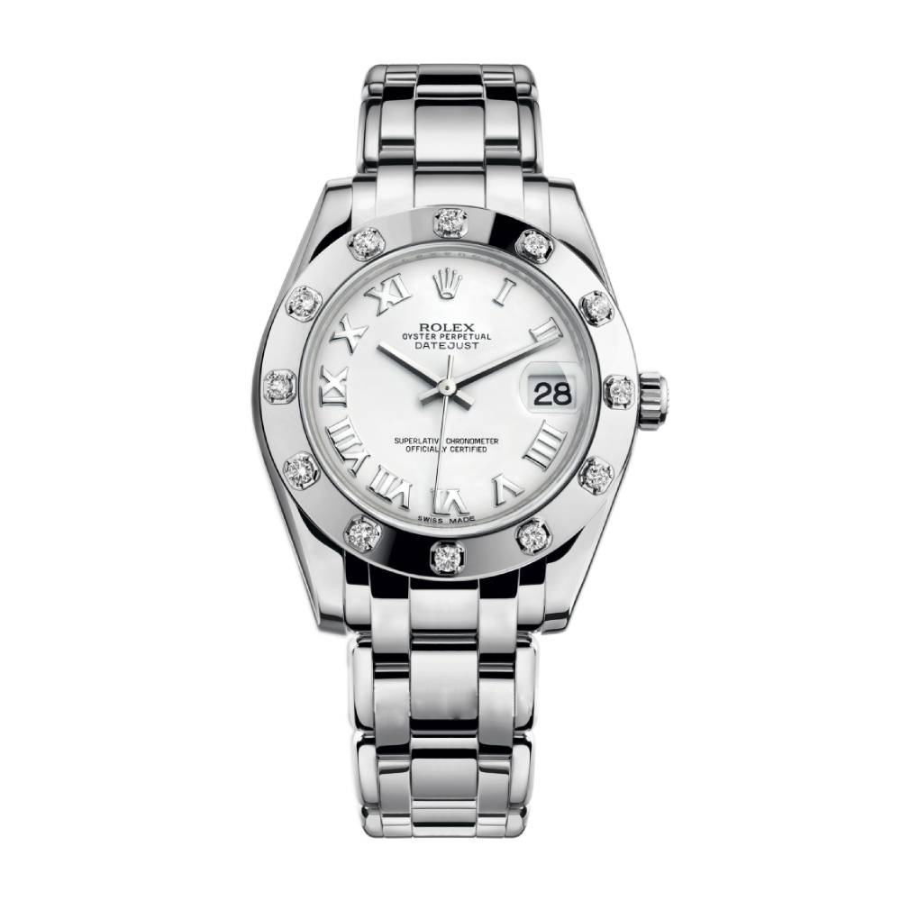 Rolex Pearlmaster 34mm - Ref: 81319-0008 - White Roman Dial & Diamond Bezel, 18K White Gold Bracelet Women's Watch