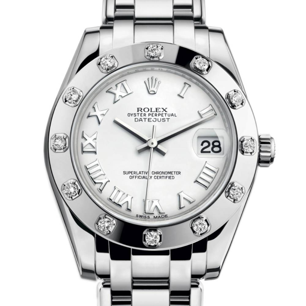 Rolex Pearlmaster 34mm - Ref: 81319-0008 - White Roman Dial & Diamond Bezel, 18K White Gold Bracelet Women's Watch