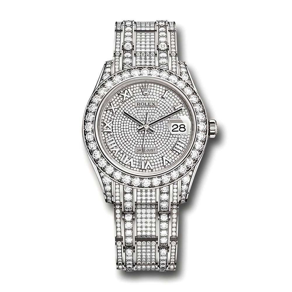 Rolex Pearlmaster 34mm - Ref: 81409rbr-0001 - Pave Roman Diamond Dial, Diamond Bezel & Diamond Case, 18K White Gold Diamond Bracelet Women's Watch