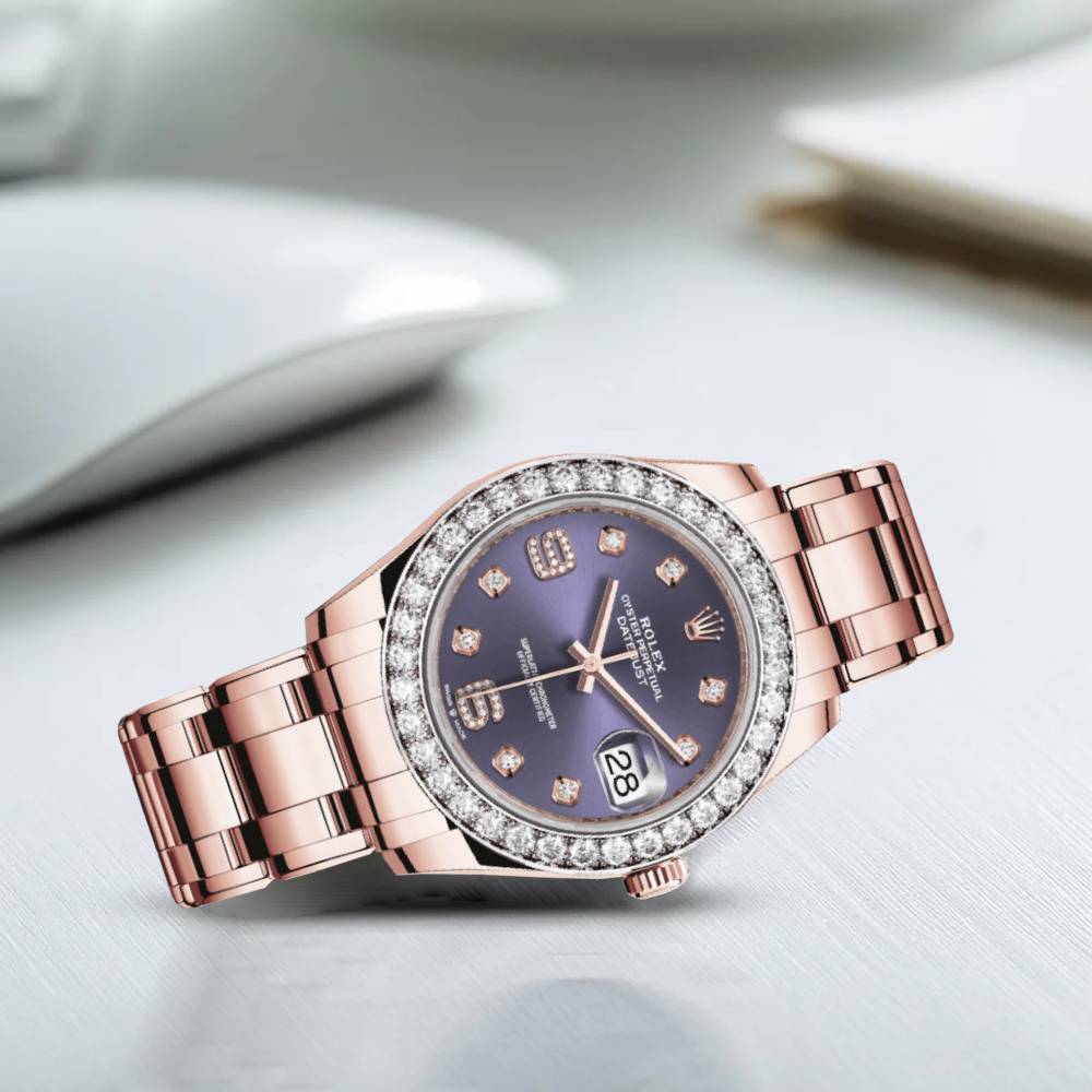Rolex Pearlmaster 39mm - Ref: 86285-0004 - Aubergine Purple Roman Diamond Dial & Diamond Bezel, 18K Rose Gold Diamond Bracelet Women's Watch