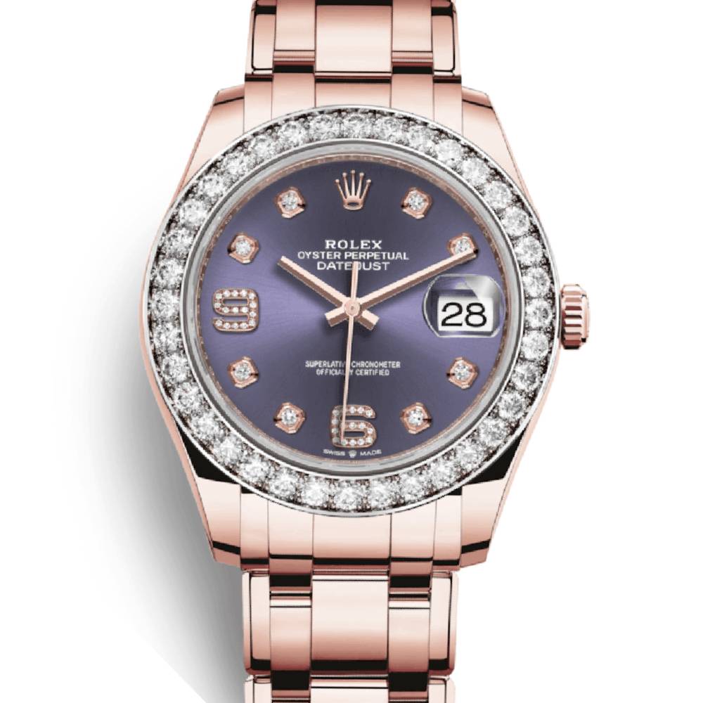 Rolex Pearlmaster 39mm - Ref: 86285-0004 - Aubergine Purple Roman Diamond Dial & Diamond Bezel, 18K Rose Gold Diamond Bracelet Women's Watch
