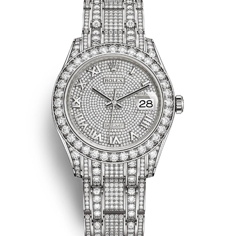 Rolex Pearlmaster 39mm - Ref: 86409rbr-0001 - Pave Roman Diamond Dial, Diamond Bezel & Diamond Case, 18K White Gold Diamond Bracelet Women's Watch