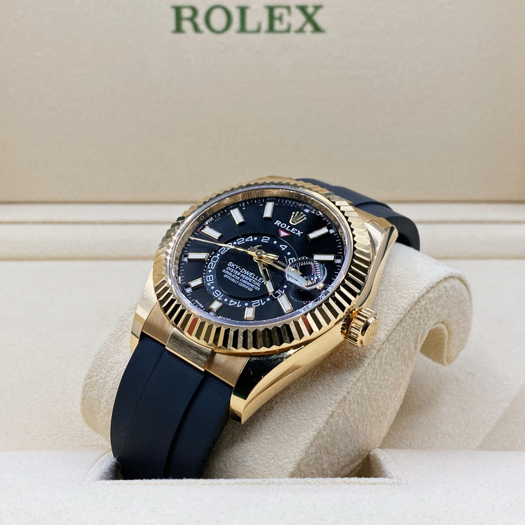 Rolex Sky-Dweller 42mm - Ref: 326238-0009 - Bright Black Stick Dial & 18K Yellow Gold Case, Black Oysterflex Bracelet Watch