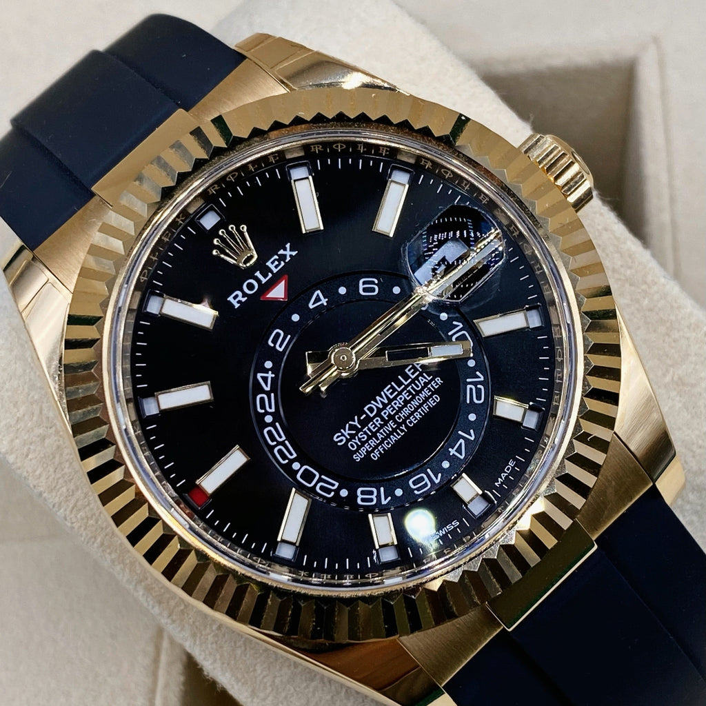 Rolex Sky-Dweller 42mm - Ref: 326238-0009 - Bright Black Stick Dial & 18K Yellow Gold Case, Black Oysterflex Bracelet Watch