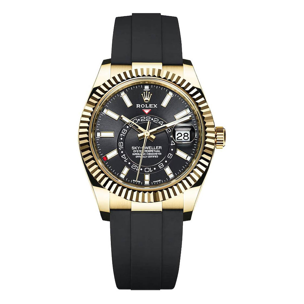 Rolex Sky-Dweller 42mm - Ref: 326238-0009 - Bright Black Stick Dial & 18K Yellow Gold Case, Black Oysterflex Bracelet Watch