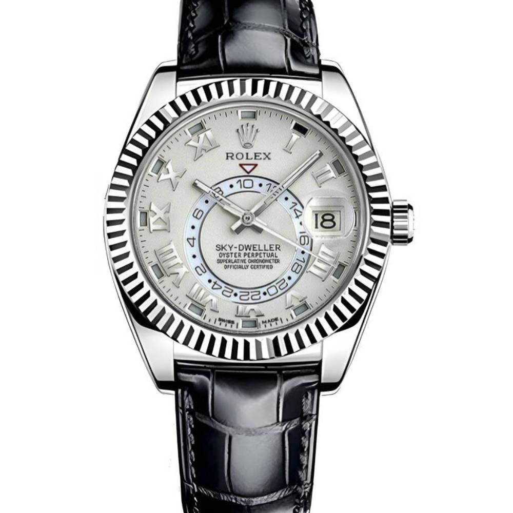 Rolex Sky-Dweller 42mm - Ref: 326139BL - Ivory Roman Dial, 18K White Gold & Black Leather Strap Watch