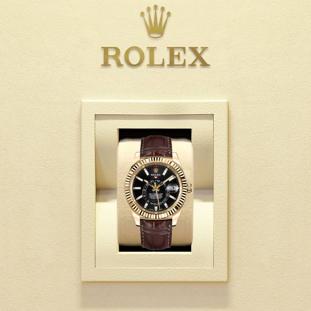 Rolex Sky-Dweller 42mm - Ref: 326138-0008 - Bright Black Stick Dial, 18K Yellow Gold & Brown Leather Strap Watch
