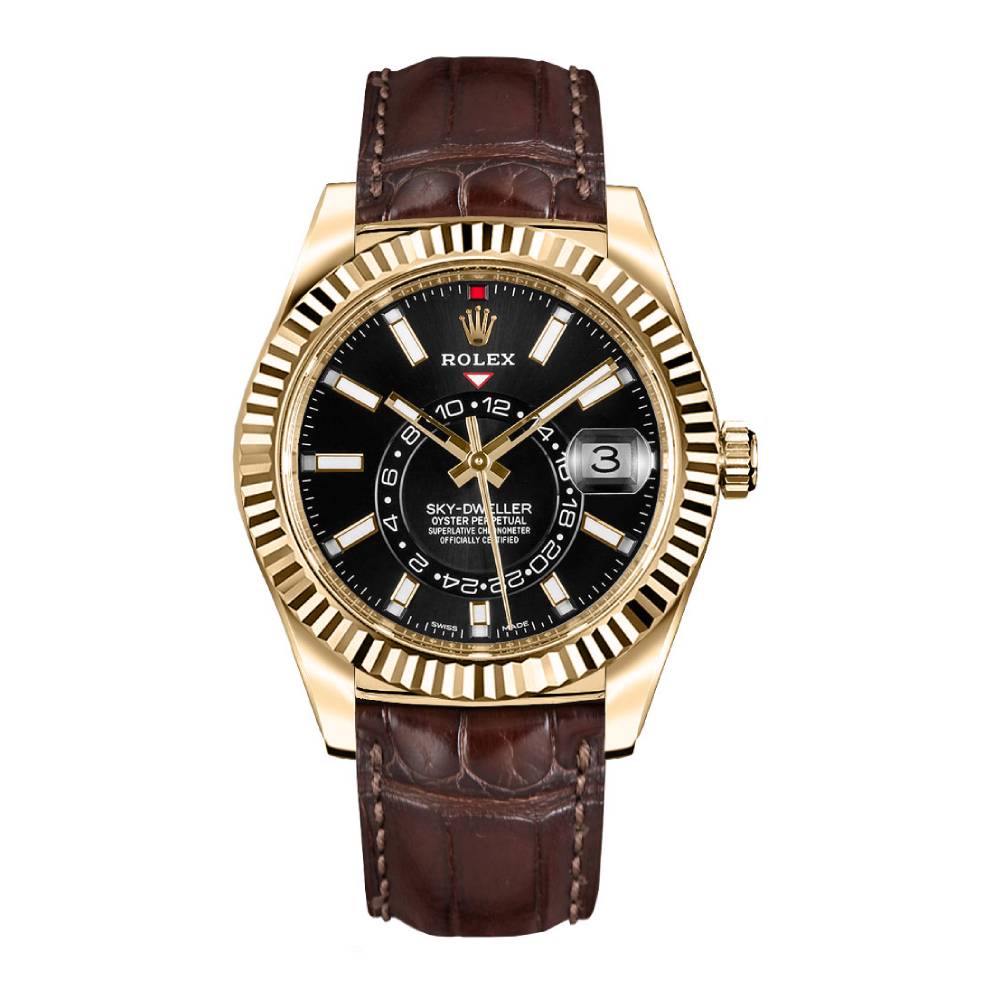 Rolex Sky-Dweller 42mm - Ref: 326138-0008 - Bright Black Stick Dial, 18K Yellow Gold & Brown Leather Strap Watch