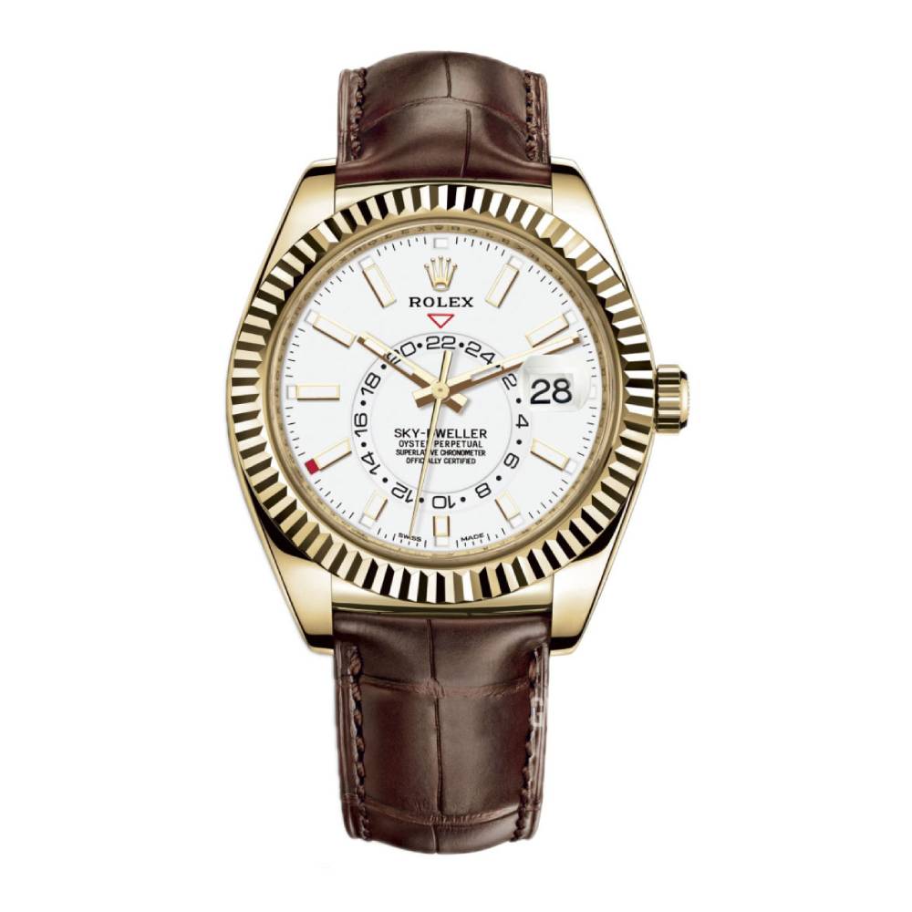 Rolex Sky-Dweller 42mm - Ref: 326138-0010 - Intense White Stick Dial, 18K Yellow Gold & Brown Leather Strap Watch
