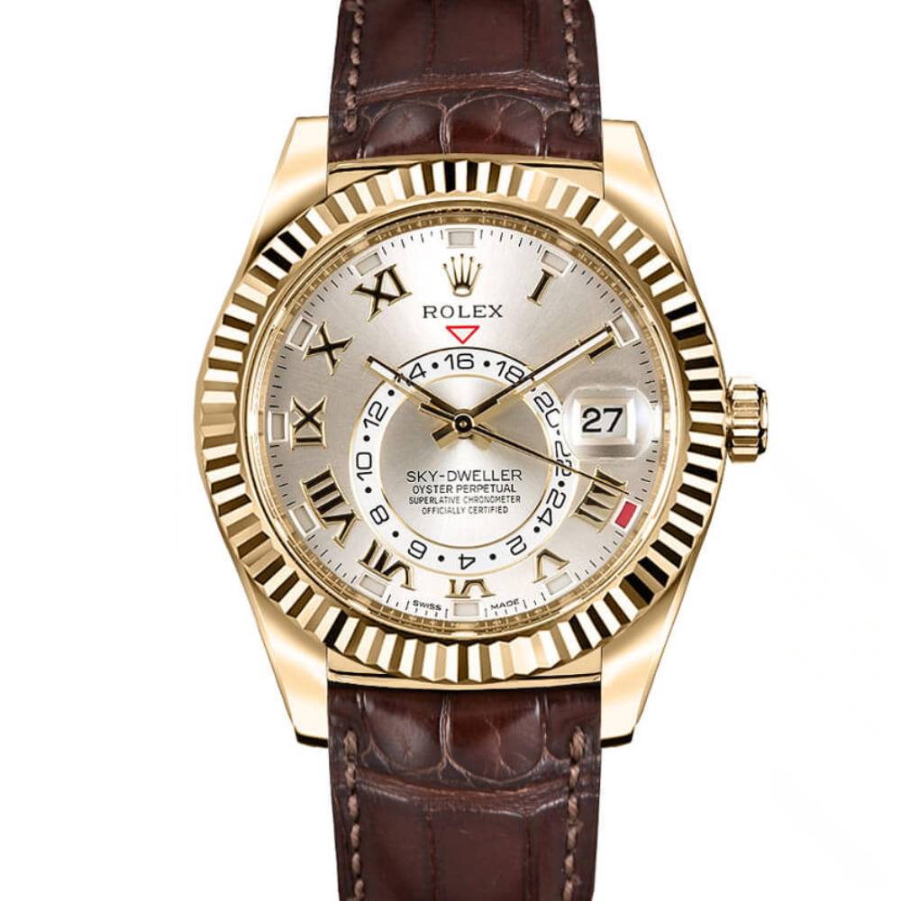Rolex Sky-Dweller 42mm - Ref: 326138 - Sunray Silver Roman Dial, 18K Yellow Gold & Brown Leather Strap Watch