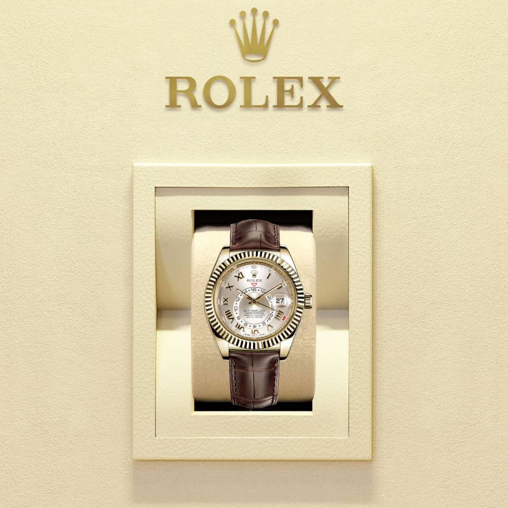 Rolex Sky-Dweller 42mm - Ref: 326138 - Sunray Silver Roman Dial, 18K Yellow Gold & Brown Leather Strap Watch